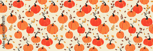 Seamless vector pattern with bright orange pumpkins and autumn leaves on a light background. Template for Halloween, Thanksgiving, fall decor, textile design, and seasonal packaging.