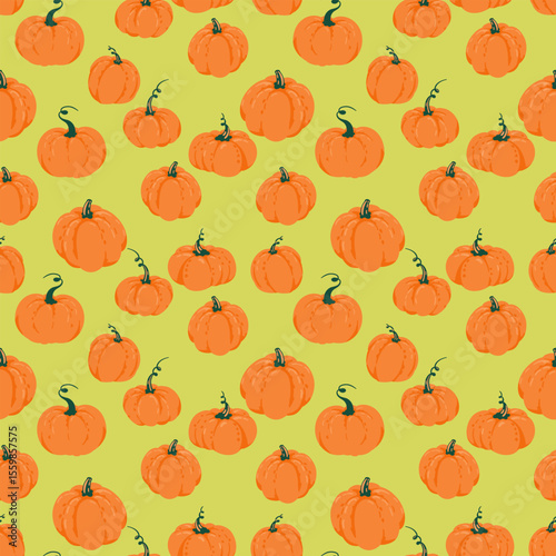 Seamless vector pattern with hand drawn orange pumpkins on a bright green background. Fun and festive design for fall decor, Halloween packaging, textile prints, seasonal projects