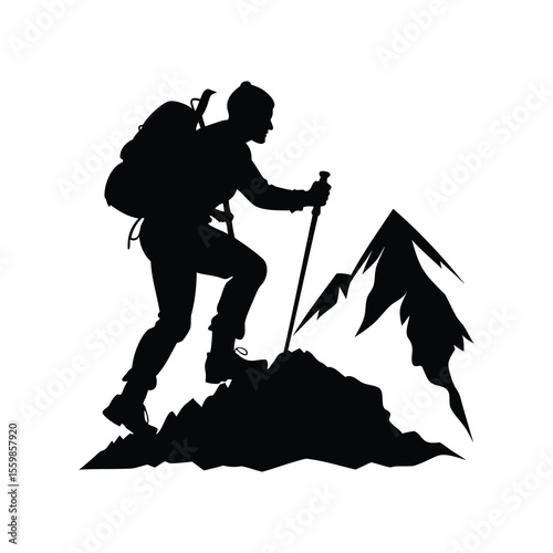 Silhouette of a determined hiker ascending a mountain with trekking poles