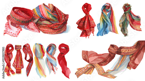 Colorful ethnic scarf illustration set featuring woven textures, stripes, and knots in vivid tones. Perfect for fashion, textile, and cultural design visuals.

