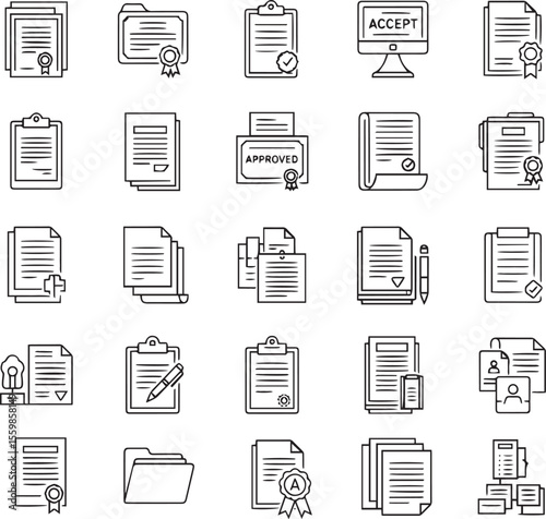 Document set of web icons in line style. Documents linear icon collection. Containing contract papers, folder, certificate, accept, approved, clipboard, invoice, archive and more. Editable stroke