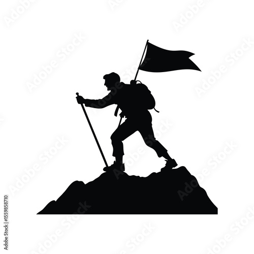 Silhouette of a determined climber reaching the mountain peak with flag