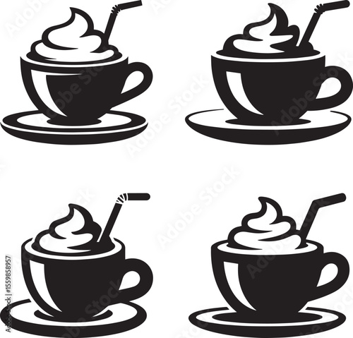 Four black and white icons of coffee cups with whipped cream and straws