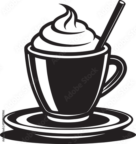 Stylized black and white illustration of a coffee cup with whipped cream and straw