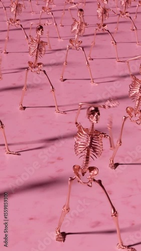 Dancing Robotic Skeletons in Sync. Vertical looped animation. 3D rendering