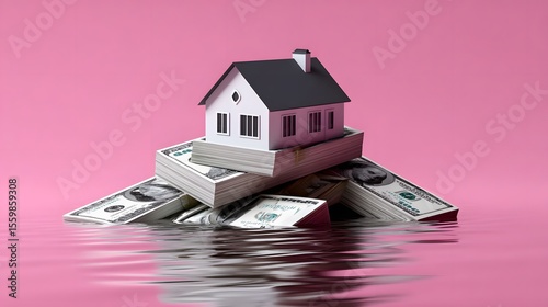House model on a pile of money in rising floodwaters.
