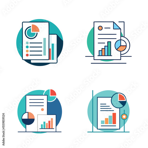 Collection of flat icons representing financial reports and data analysis