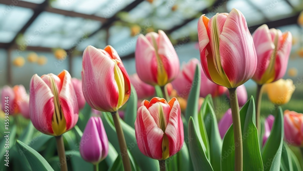 Fototapeta premium Close-up of vibrant tulips in a greenhouse setting.