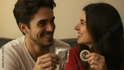 Happy couple holding condoms indoors.