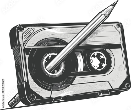 Retro Cassette Tape and Pencil Illustration with Vintage Aesthetic Design
