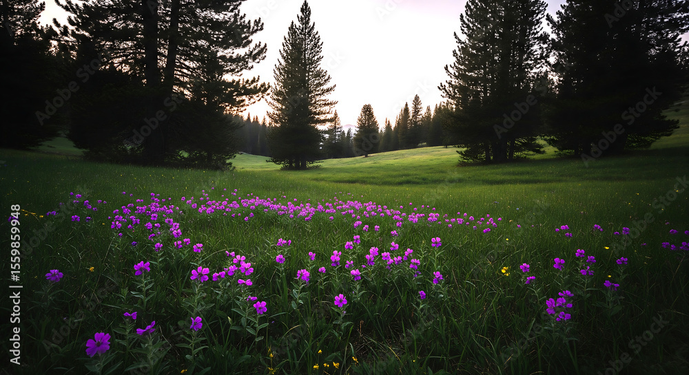 Naklejka premium A field of vibrant purple wildflowers blossoms in a lush green meadow surrounded by tall trees