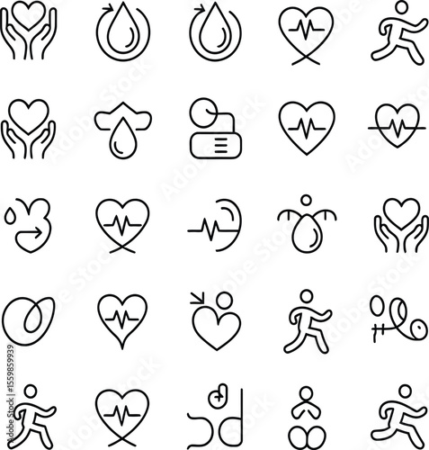 Collection of black and white outline icons representing health and wellness related concepts and activities