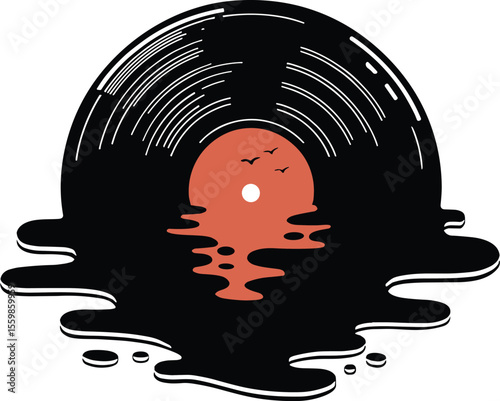 Melting Vinyl Record with Sunset Illustration Retro Music and Nostalgia