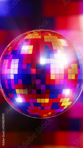 Dynamic Disco Ball Animation with Colorful Background. Vertical looped animation. 3D rendering