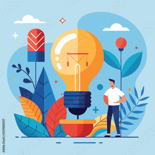 Vector illustration of a bright light bulb, symbolizing an innovative business idea, creative energy, and inspiration