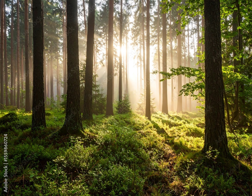 Obraz premium soft mist in a peaceful forest with gentle light through the trees