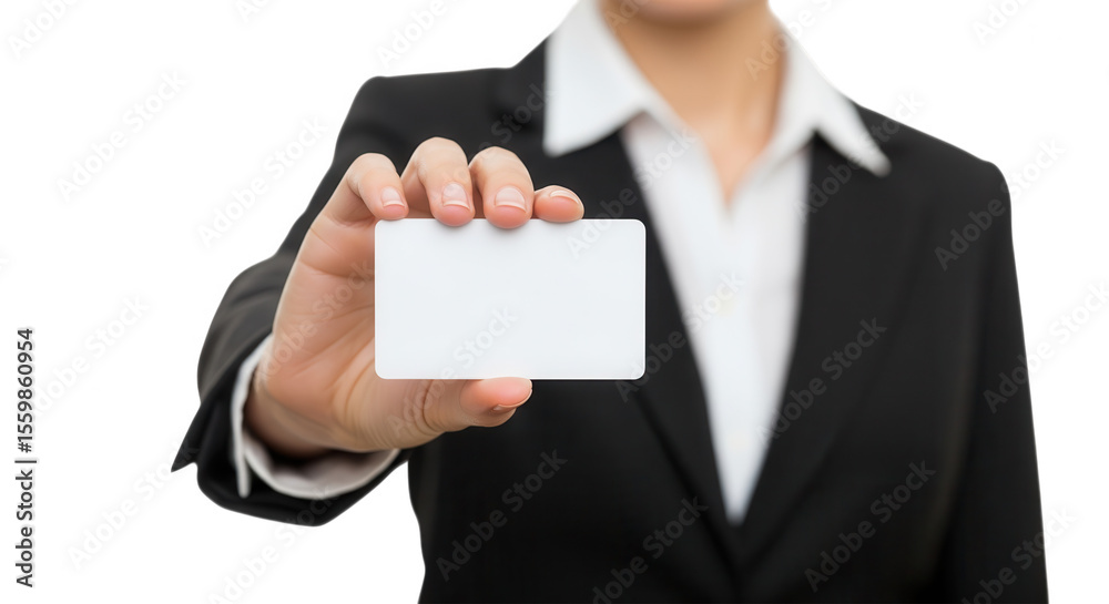 Businesswoman holding blank white business card isolated on transparent background Businesswoman holding blank white business card isolated on transparent background
