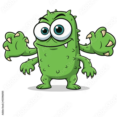 A goofy and spiky green cartoon monster with wide, expressive eyes and sharp claws, striking a playful pose.

