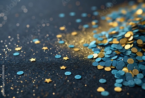 Festive Confetti Background with Gold Stars and Glitter on a Dark Surface for Celebrations and Special Occasions