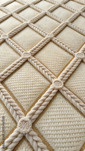 Close Up of Cream Colored Knitted Fabric with Rope Grid and Decorative Knots for a Soft and Textured Background