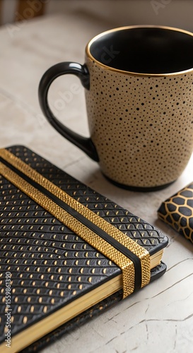 Elegant Black and Gold Notebook with Matching Mug on Marble Surface for Sophisticated Workspace Aesthetic