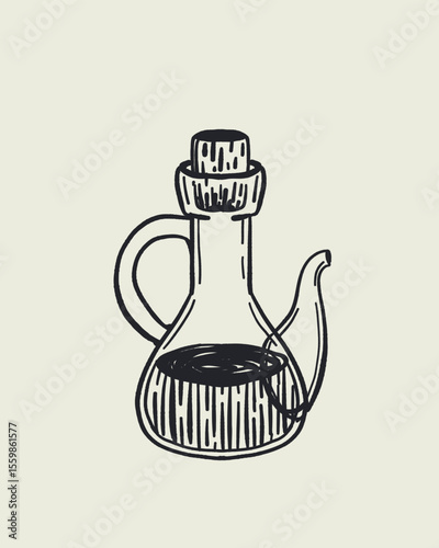 Rustic Olive Oil Collection, Blue Hand Drawn Illustrations of Olive Bottles, Olives, Herbs, Bread and Oil Drops on Beige Background. Mediterranean Kitchen Decor in Line Art Style