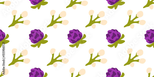 Seamless Clover Berry Pattern. Seamless pattern with purple clover flowers and creamy berries on white background. Flat style with fresh natural colors.