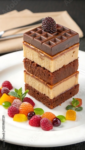 Elegant Layered Dessert with Chocolate Waffle Topping and Fresh Fruit Garnishes on a White Plate for a Fine Dining Experience