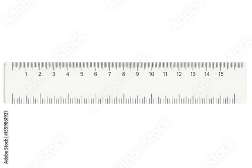 White plastic ruler for measuring up to fifteen centimeters on a transparent background
