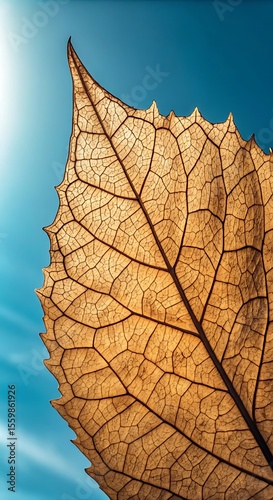 Detailed Macro Shot of a Dried Leaf Against a Bright Blue Sky Revealing Intricate Vein Patterns and Textural Details in Nature