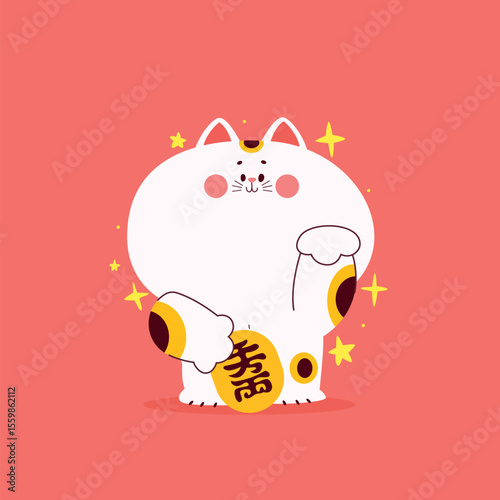 Maneki neko cat cartoon vector illustration of a fat cat with raised paws holding a gold coin