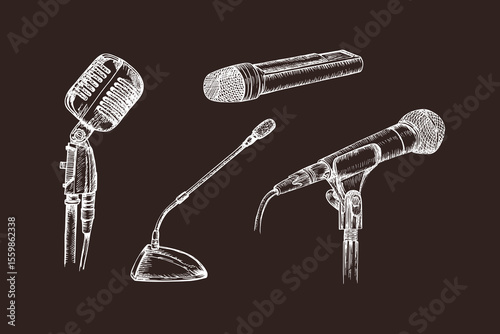 Sketch illustrations of microphones. Hand drawn outline drawings collection of a mic. Vector clipart in engraving style. Concert, podcast, presentation concept, isolated
