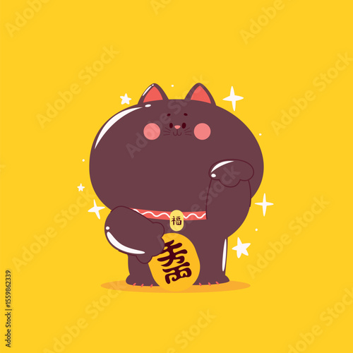 Maneki neko cat cartoon vector illustration of a fat cat with raised paws holding a gold coin