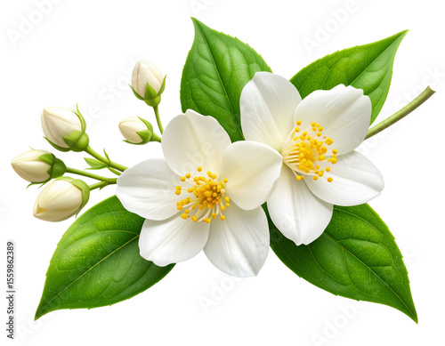  “White Jasmine Flower with Buds on Curved Stem, isolated on transparent background.