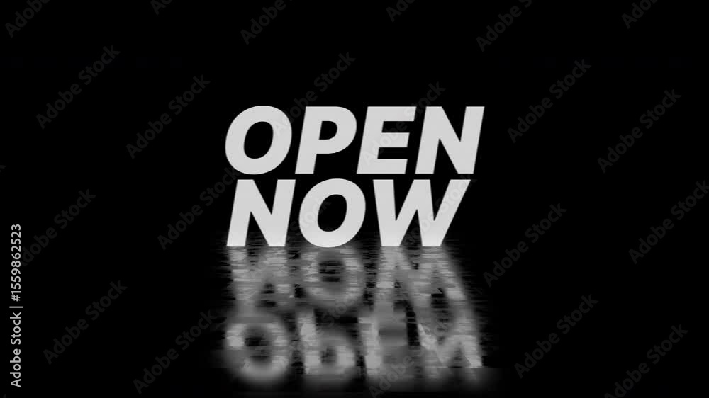 open now text animation with black background. 4K animation with dynamic glitch distortion effect. seamless effect for trailer, Sales and title poster banner. 