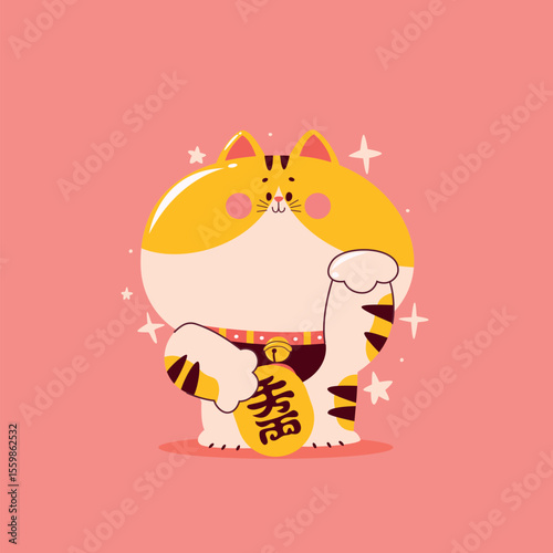 Maneki neko cat cartoon vector illustration of a fat cat with raised paws holding a gold coin