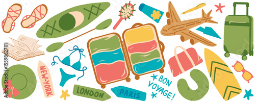 Cartoon set of summer with icons and stickers. Collection flat elements for vacation, beach holiday, weekend and summer time concept. Hand drawn modern items, signs for card, scrapbooking, print