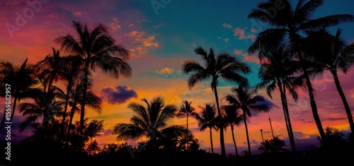 Beautiful, colorful sunset with silhouettes of palm trees against the sky