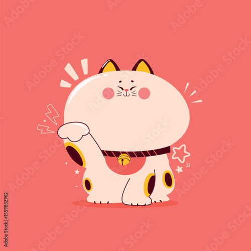 Maneki-neko, a kawaii  japanese cat with its left paw raised up.