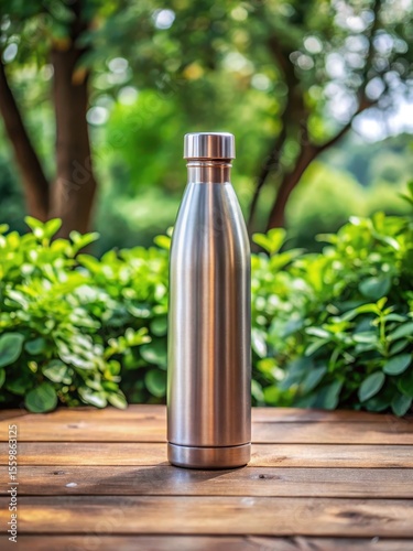 Wallpaper Mural Modern insulated stainless steel refillable water bottle sitting on a wooden table with fresh greenery and natural background Torontodigital.ca