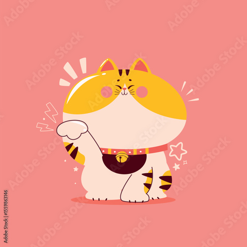 Maneki-neko, a kawaii  japanese cat with its left paw raised up.