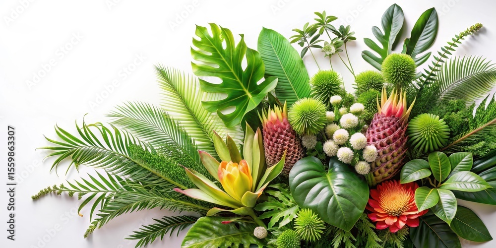 Fototapeta premium Exotic flora arrangement with vibrant green foliage and intricate flower patterns against a soft white background