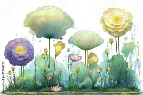 Whimsical Pastel Flowers in Dreamlike Garden Setting