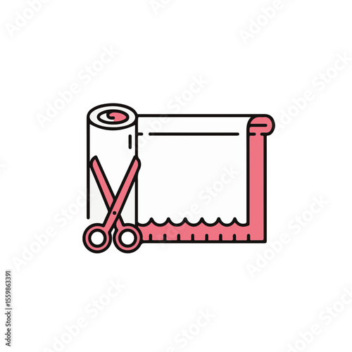 Illustration of fabric roll and scissors.