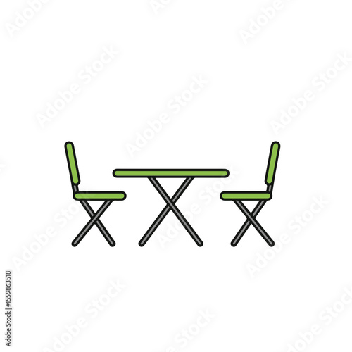 A set of minimalist table and chairs in green and black. 