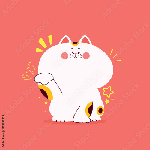 Maneki-neko, a kawaii  japanese cat with its left paw raised up.