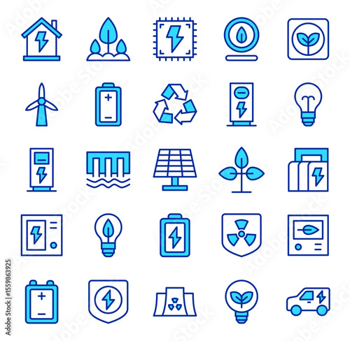 Energy electricity power renewable green alternative resource vector icon set sustainable ecology environmental conservation