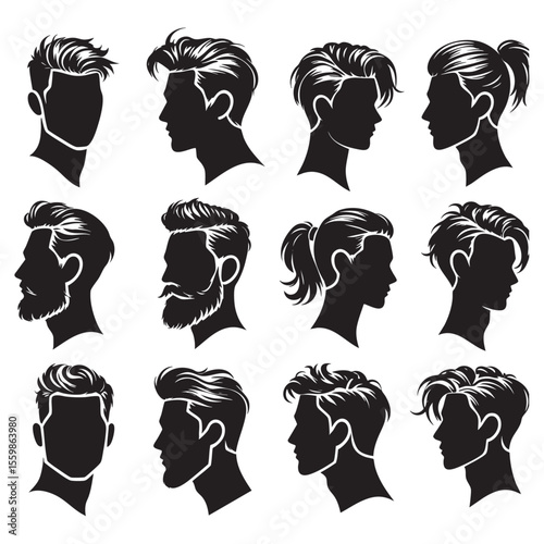 Collection of Men’s Hairstyle Silhouette Vector Illustrations – Diverse Male Hair Types and Styles Including Short, Long, Curly, Straight, Fades, Undercuts, Pompadours, Buz Cuts, and Beards for Barber