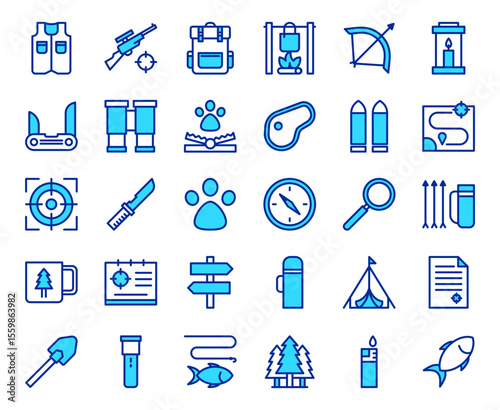 Hunting camping outdoor adventure equipment and survival tools icon set nature exploration activity vector illustration