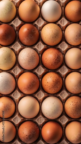 Overhead View of Two Dozen Farm Fresh Eggs in a Recycled Cardboard Carton with Various Shades and Textures of Brown and White